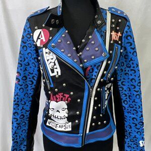 Robert Phillipe~Punk Studded Animal Print Blue Black Panther Moto Jacket~Size M